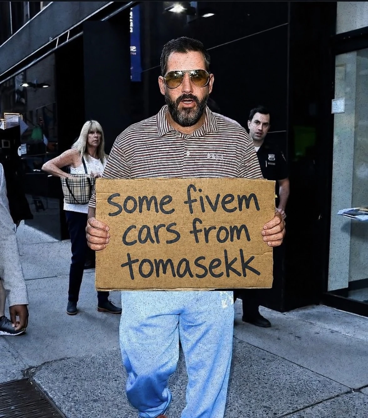 A man holding a sign reading some fivem cars from tomasekk