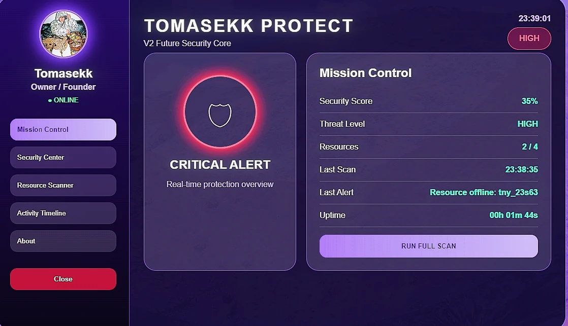 TomasekkProtect Mission Control dashboard